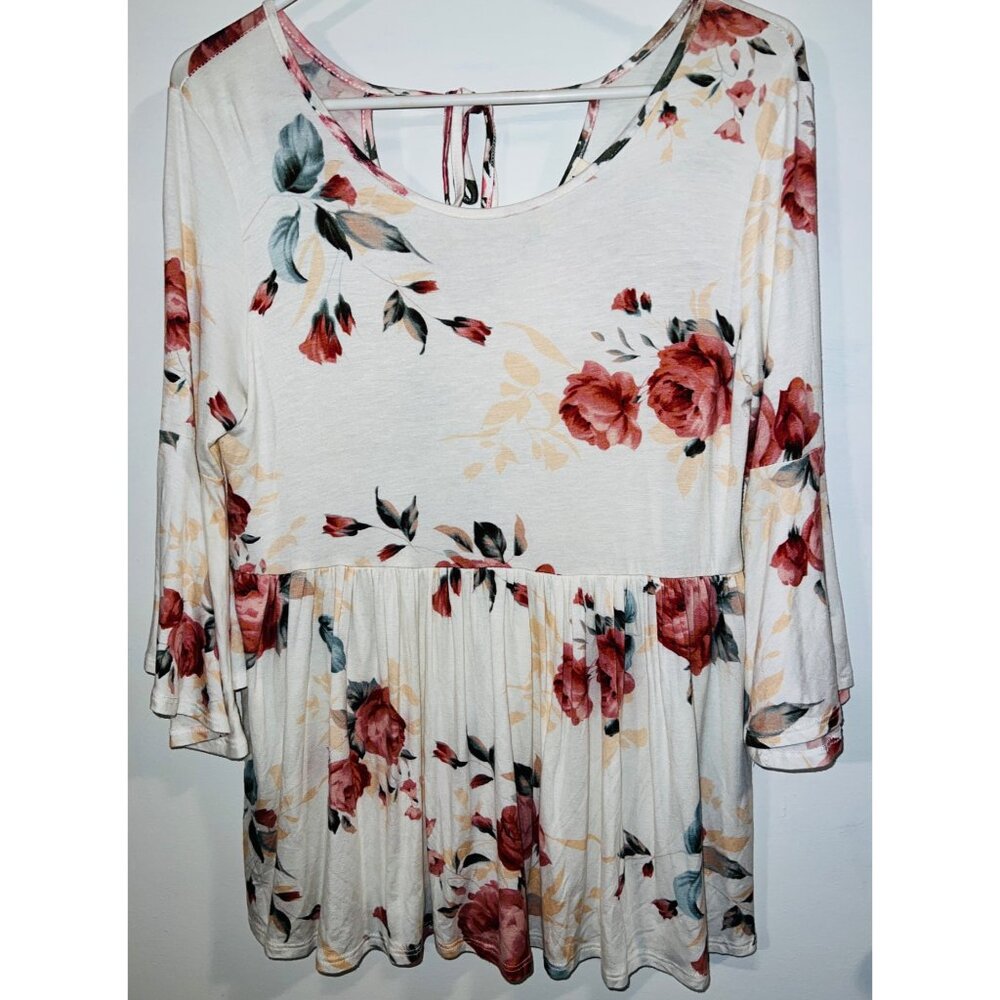 Promesa Floral Print Womens Peplum Blouse 3/4 Sleeve Size L